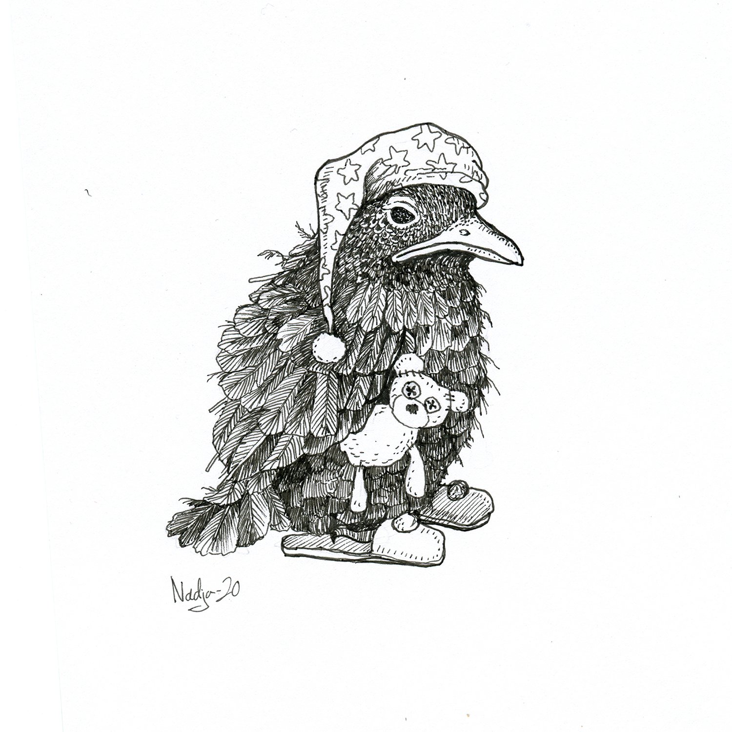 Grumpy Bird, mustekynäpiirustus, Nadja Mikkilä, 2020