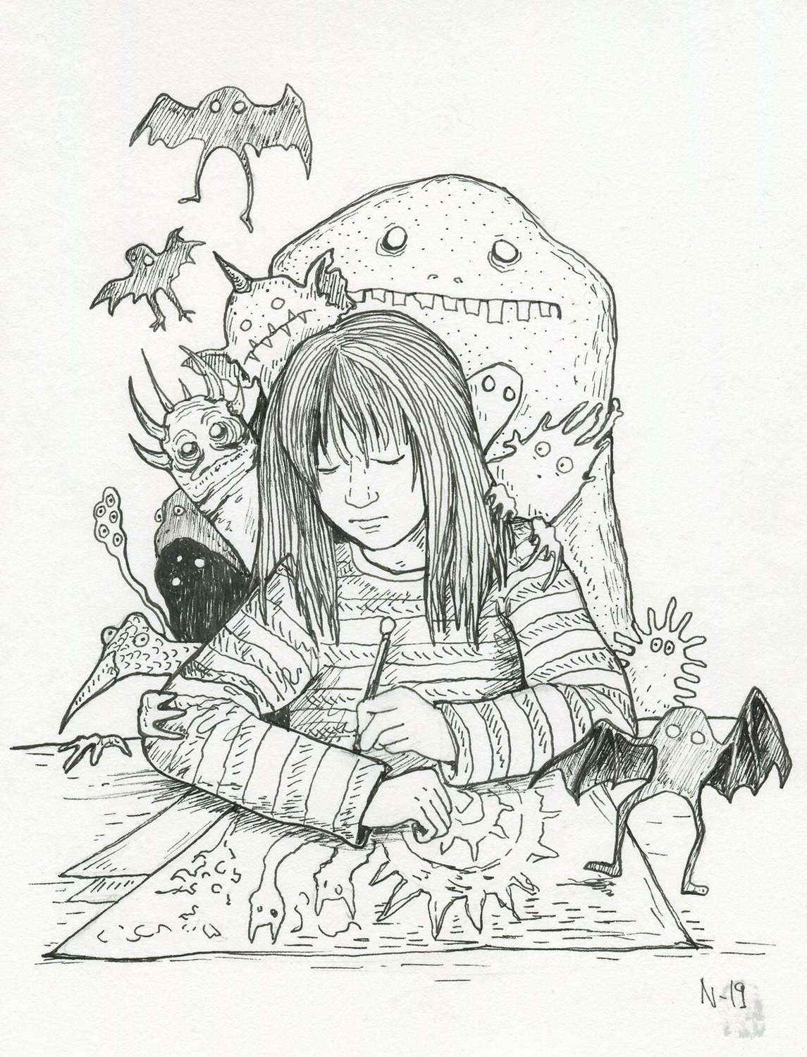 Imagination, mustekynäpiirustus, Nadja Mikkilä, 2019