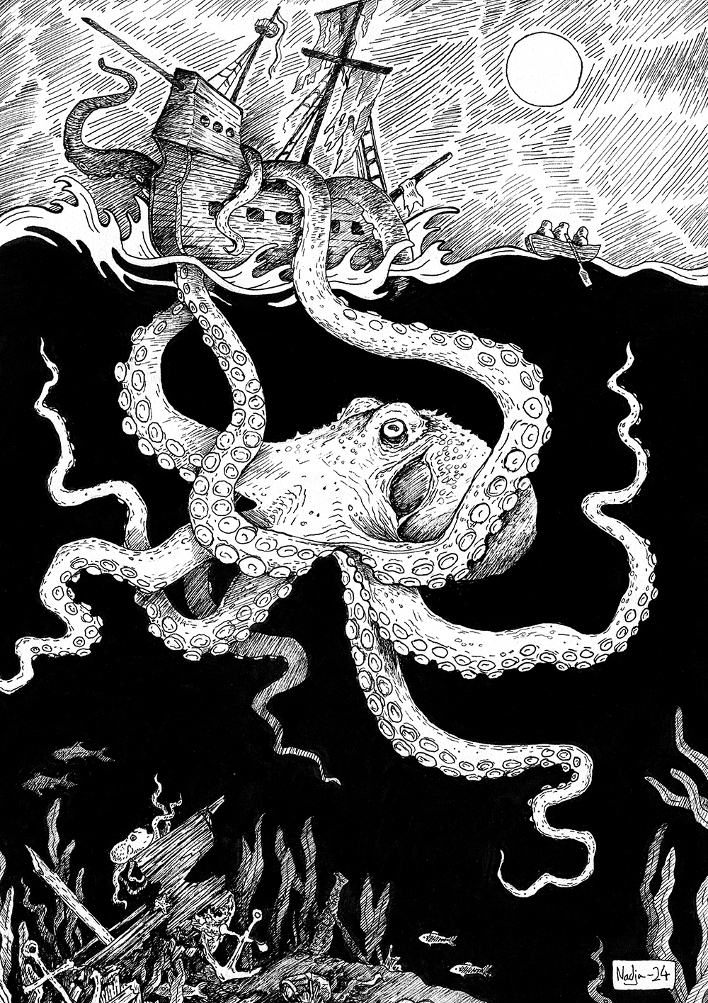 Kraken, mustekynäpiirustus, Nadja Mikkilä