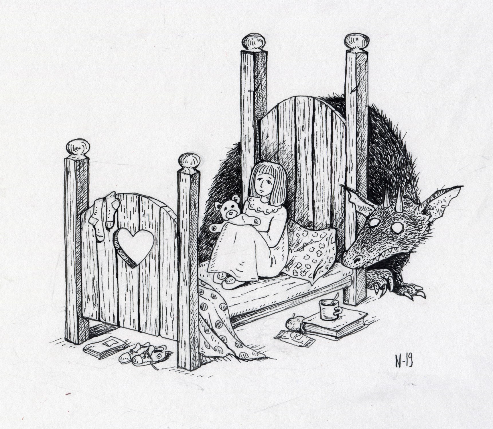 Not Alone, mustekynäpiirustus, Nadja Mikkilä, 2019
