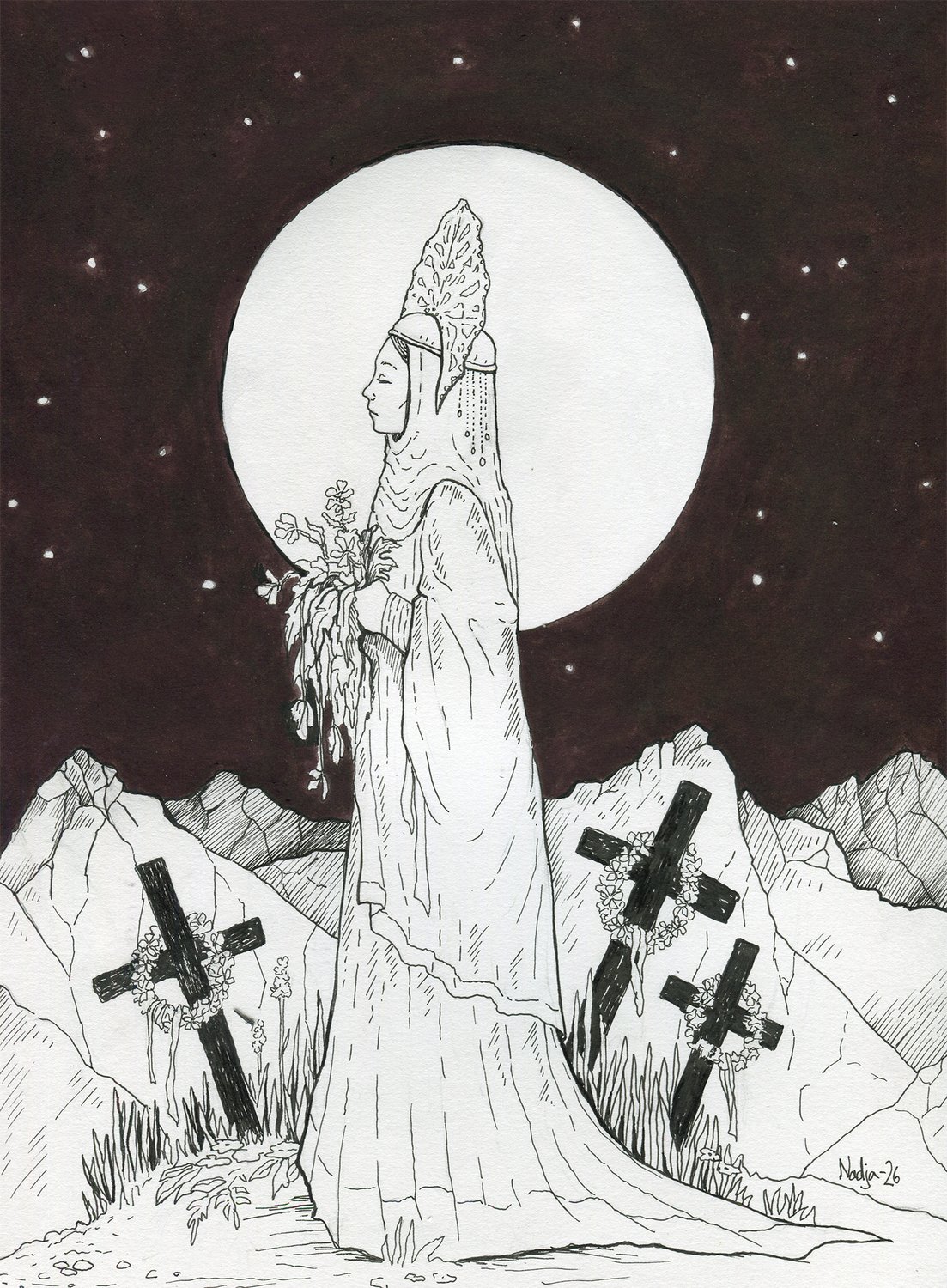 Sorrow, mustekynäpiirustus, Nadja Mikkilä, 2026