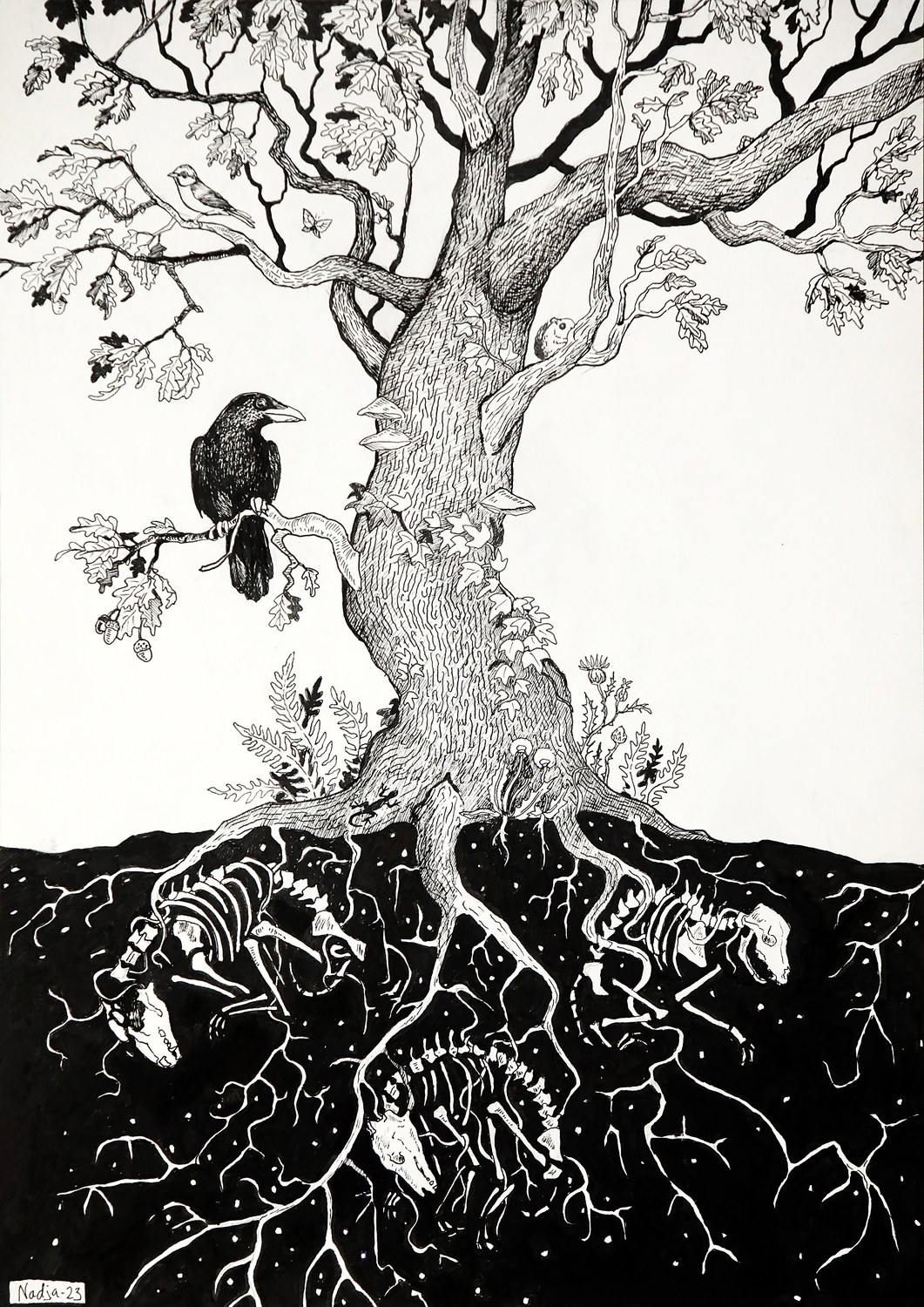Tree of Life, mustekynäpiirustus, Nadja Mikkilä, 2023