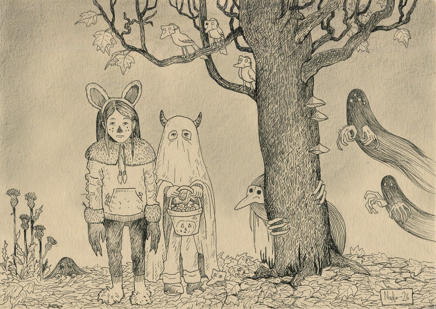 Trick or Treat, mustekynäpiirustus, Nadja Mikkilä, 2026