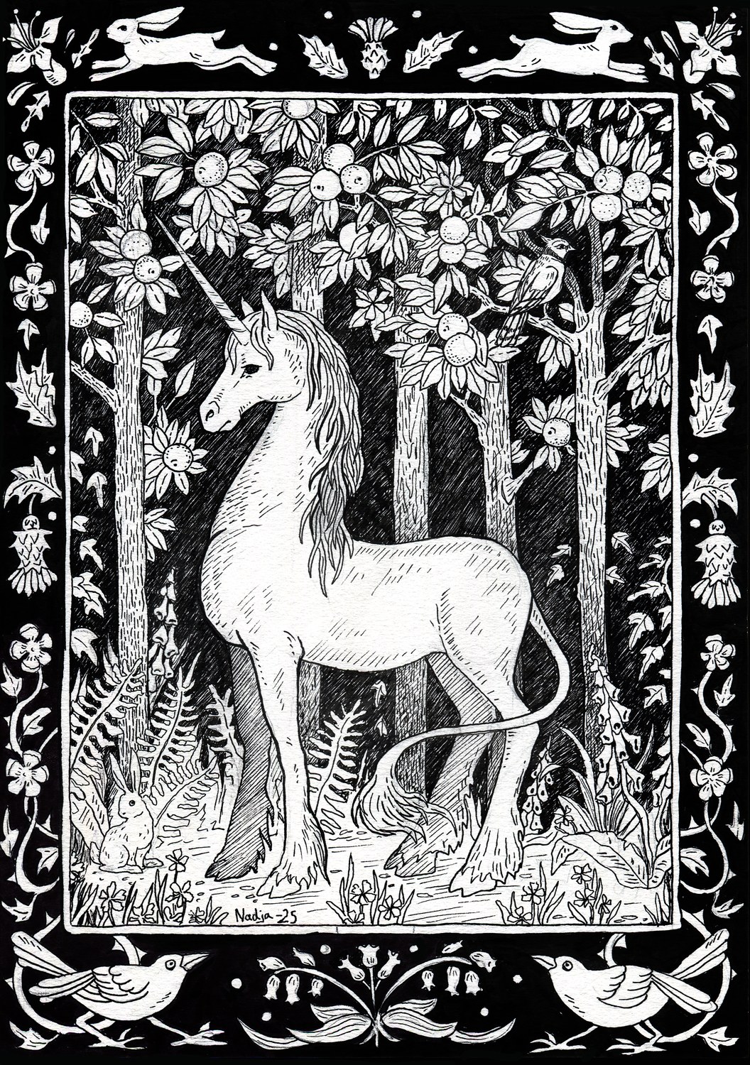 Unicorn, mustekynäpiirustus, Nadja Mikkilä, 2025