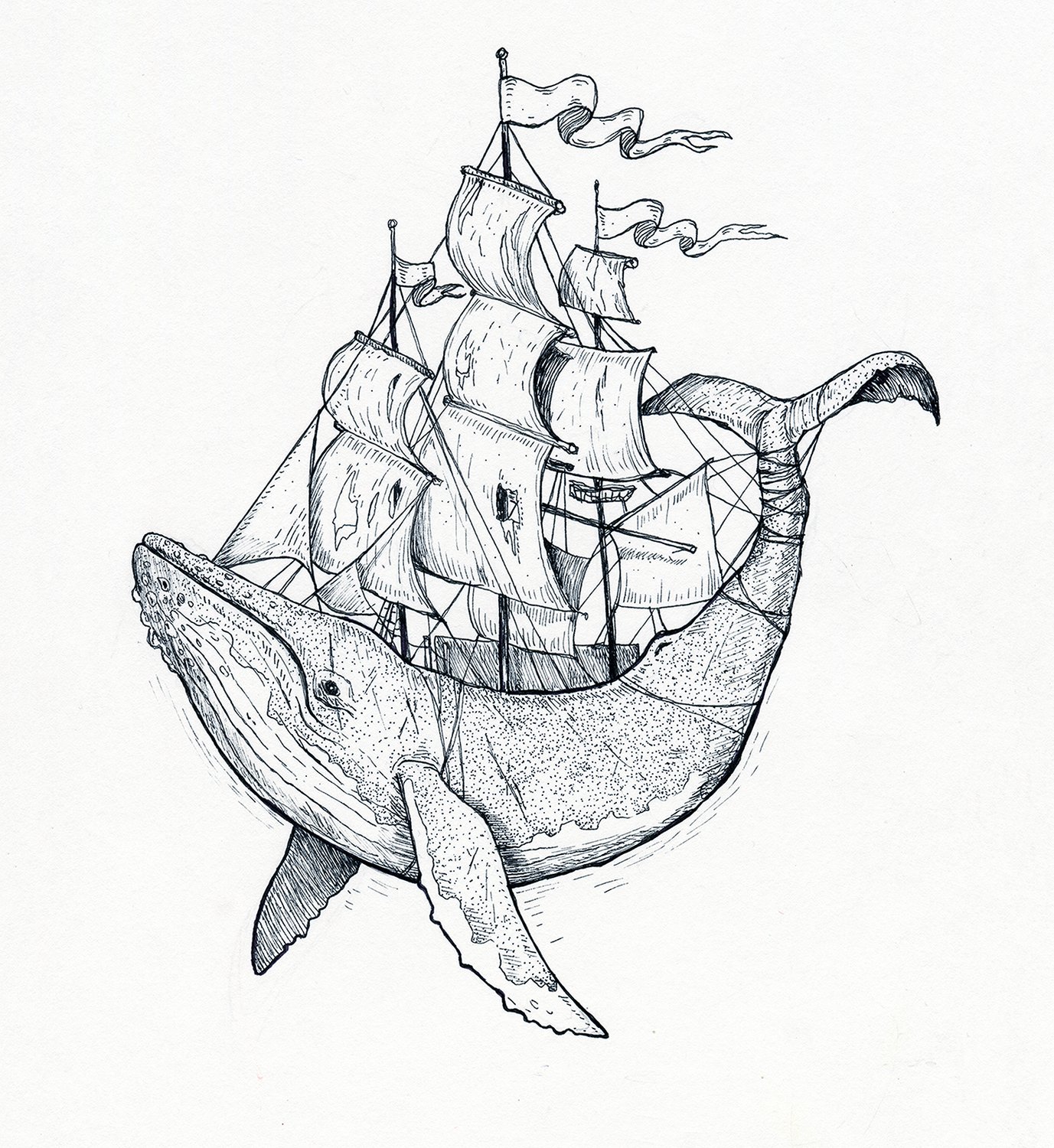Whaleship, mustekynäpiirustus, Nadja Mikkilä, 2019