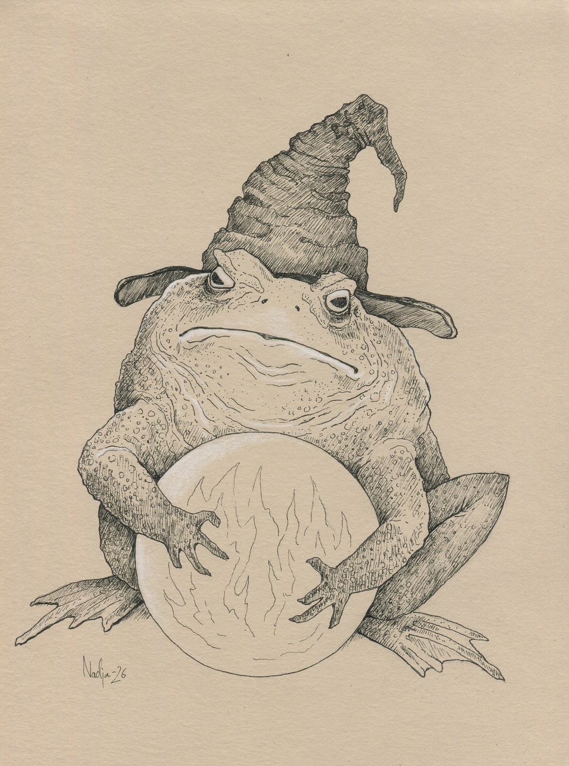 Witch Frog, mustekynäpiirustus, Nadja Mikkilä, 2026